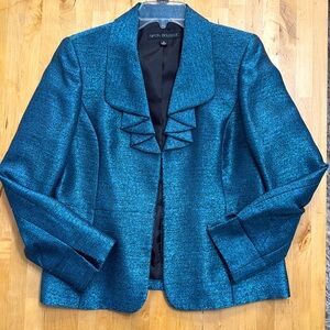 NIPON BOUTIQUE DOPAMINE OMBRE-SHINE RUFFLE FRONT BLAZER JACKET WOMENS 10 BLUE